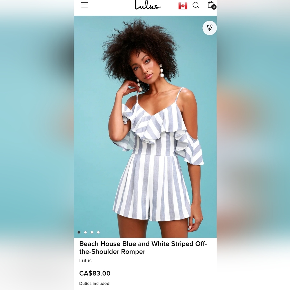 Lulus Beach House Blue and White Striped Off-the-Shoulder Romper, Size XS